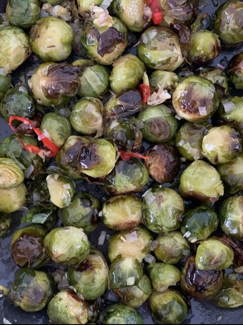 Chilli, Ginger, Onion, Garlic & Cumin Roasted Brussels