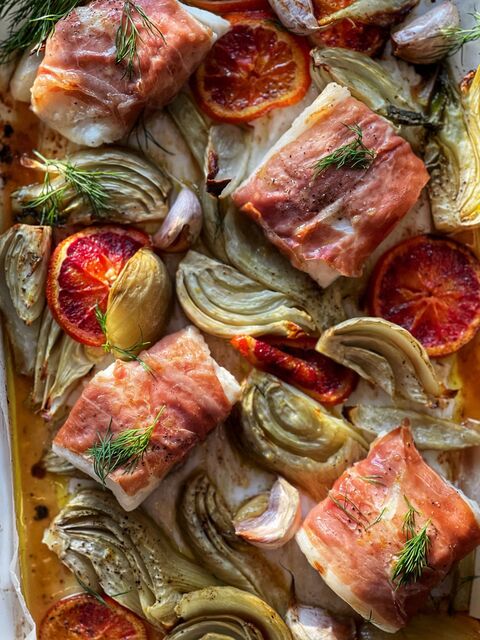 Cod, Parma Ham, Fennel & Blood Orange Traybake