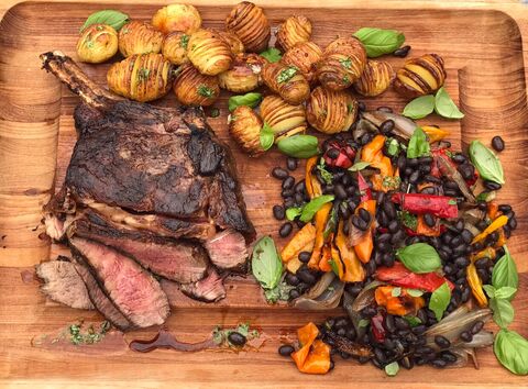 Cote Du Boeuf with Mini Hasselbacks & Black Bean Salad
