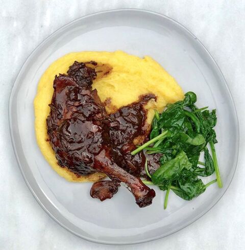 Duck Legs Braised in Red Wine with Polenta & Wilted Spinach