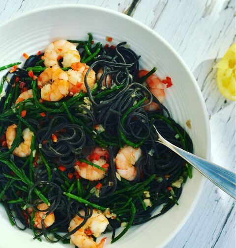 Gluten Free Spaghetti with Prawns & Samphire