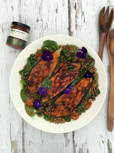 Harissa Roast Aubergine with Freekeh