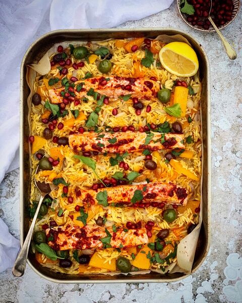 Harissa Salmon & Orzo Traybake