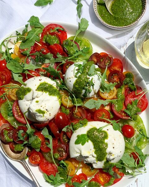 Isle of Wight Tomato & Burrata Salad, with Pistachio Pesto Dressing