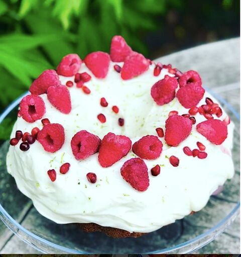 Key Lime Cake, with Raspberries & Pomegranate