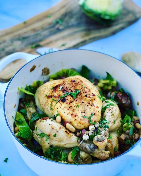 Pot Roast Chicken with Savoy Cabbage, Cannellini Beans & Pancetta
