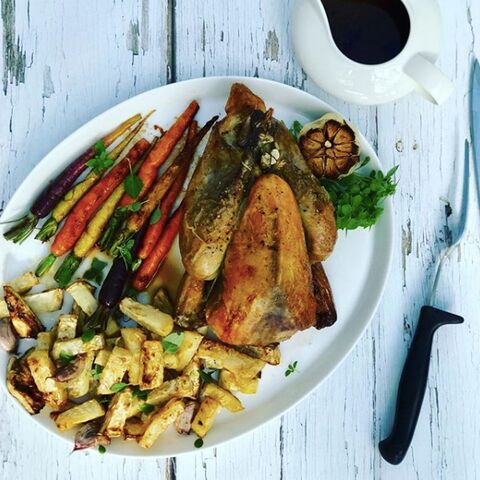 Roast Guinea Fowl with Celeriac Chips & Glazed Carrots