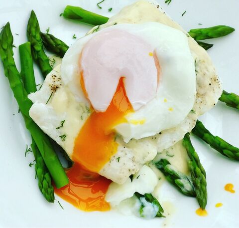 Roasted Haddock, Asparagus and Poached Egg, with a Hollandaise sauce.