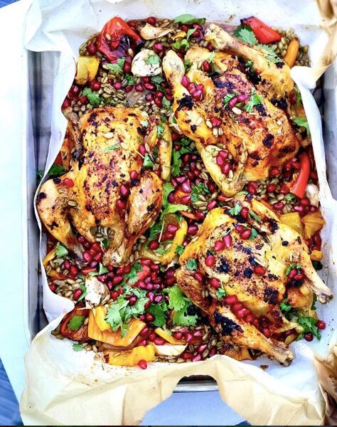 Rose Harissa Poussin & Freekeh Tray Bake
