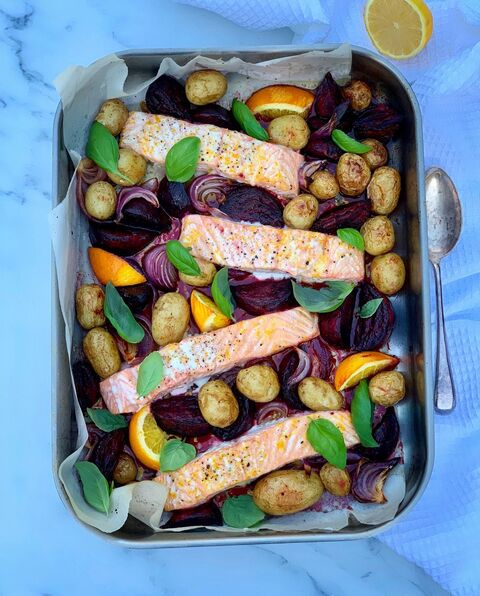 Salmon, Beetroot, Orange & Basil Traybake