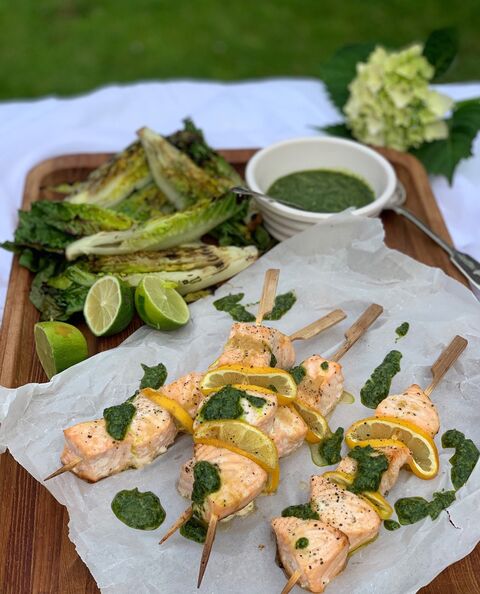 Salmon & Lemon Kebabs with Salsa Verde & Charred Lettuce