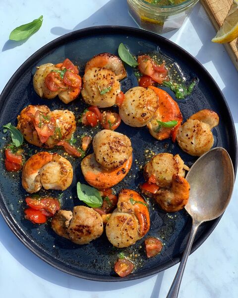Scallops, with a Tomato, Basil & Lemon Dressing.