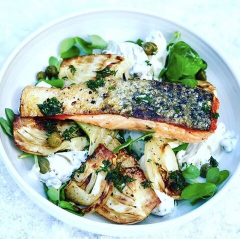 Seared Salmon with Dill Potato Salad & Caramelised Fennel
