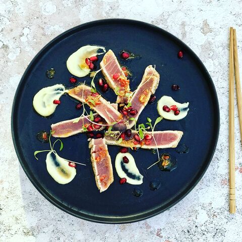 Seared Yellowfin Tuna Sashimi with Pomegranate seeds and wasabi mayo
