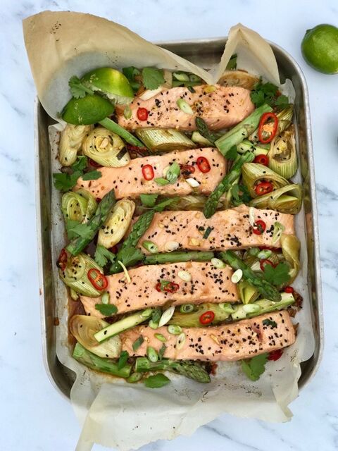 Thai Salmon, Leek & Asparagus Traybake